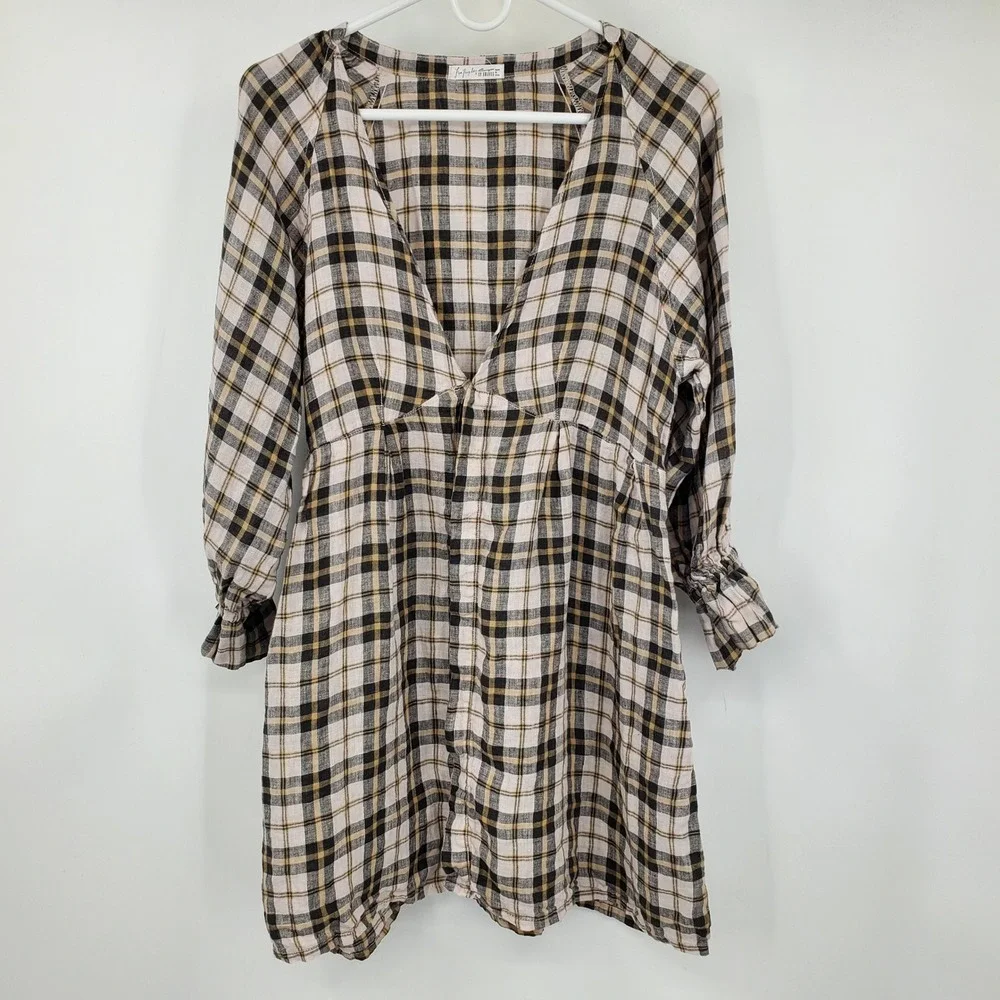 Free People x CP Shades Plaid Linen Mini Dress Tan Black V-Neck Boho Small